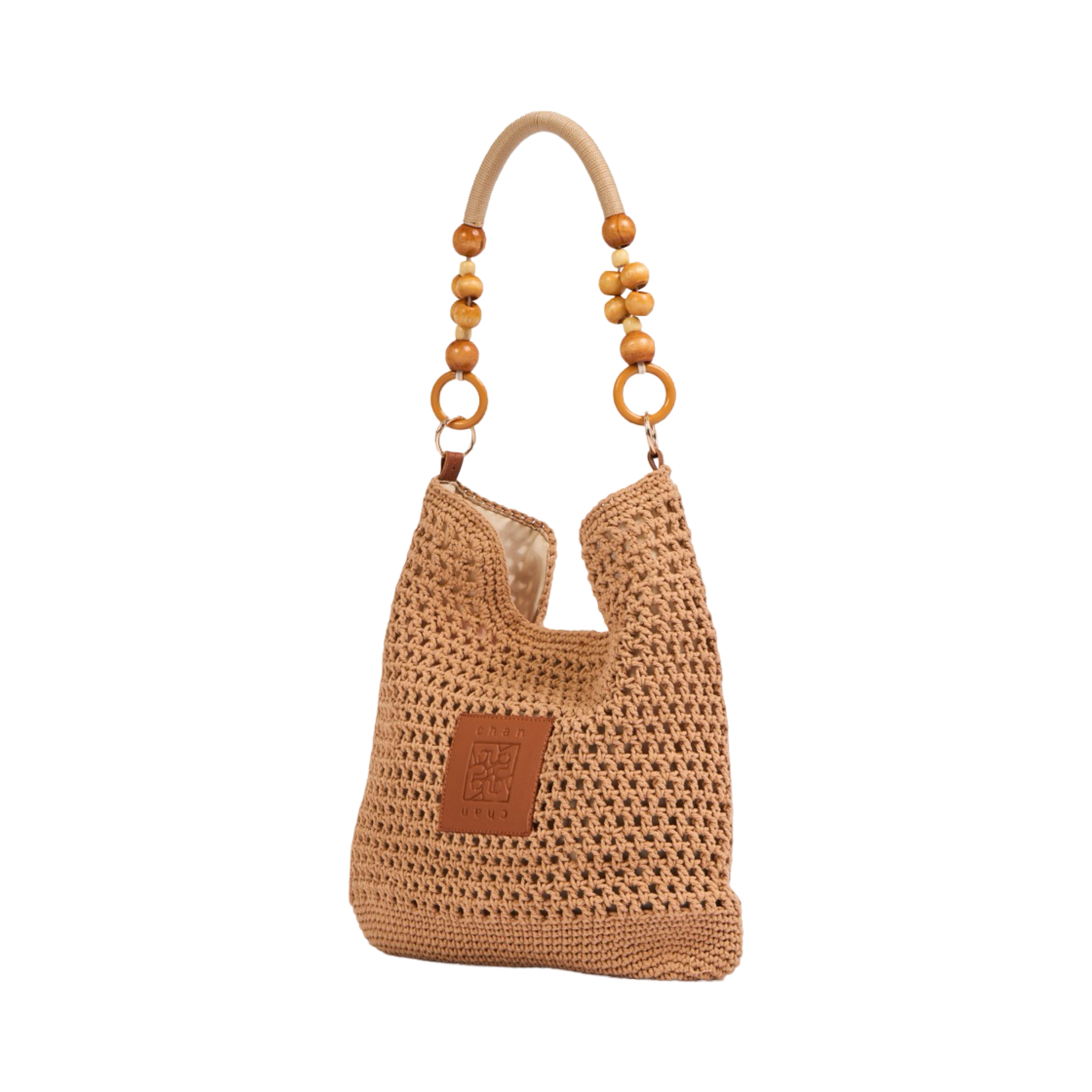 Knitted Shoulder Bag With Wood Handle - Brown