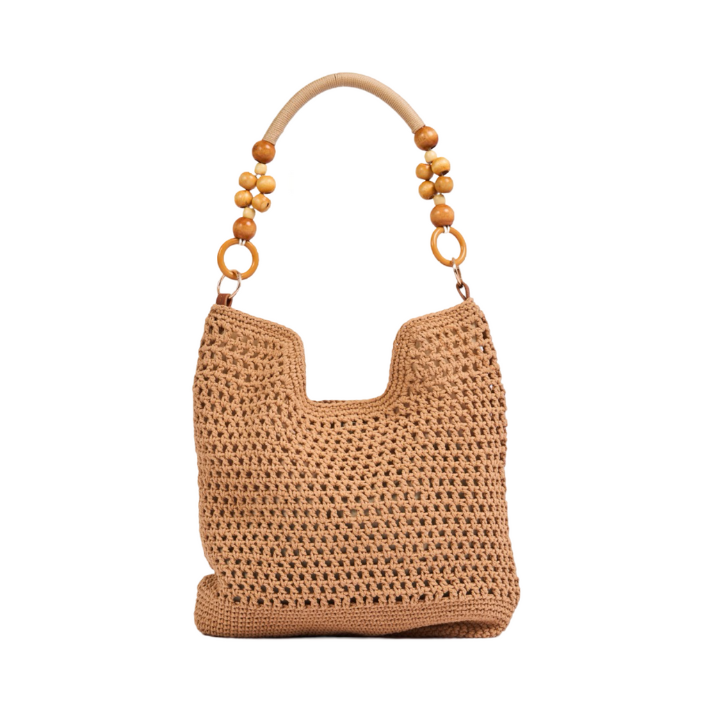 Knitted Shoulder Bag With Wood Handle - Brown