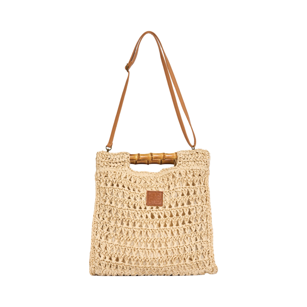Everyday Earth – Straw Tote Clutch with Wood Handle – Beige