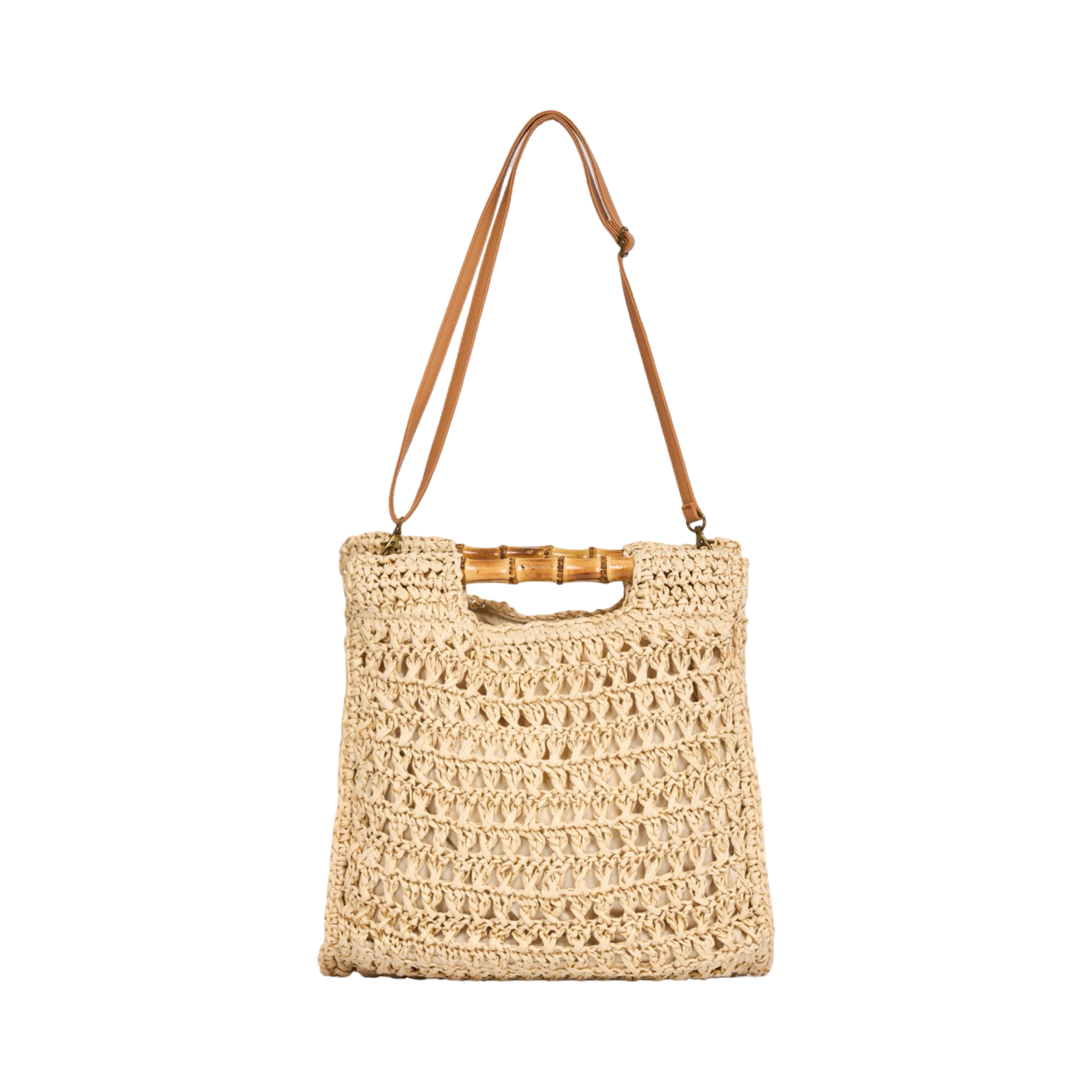 Everyday Earth – Straw Tote Clutch with Wood Handle – Beige