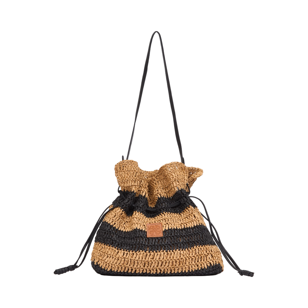 Everyday Earth – Drawstring Strips Straw Shoulder Bag – Brown