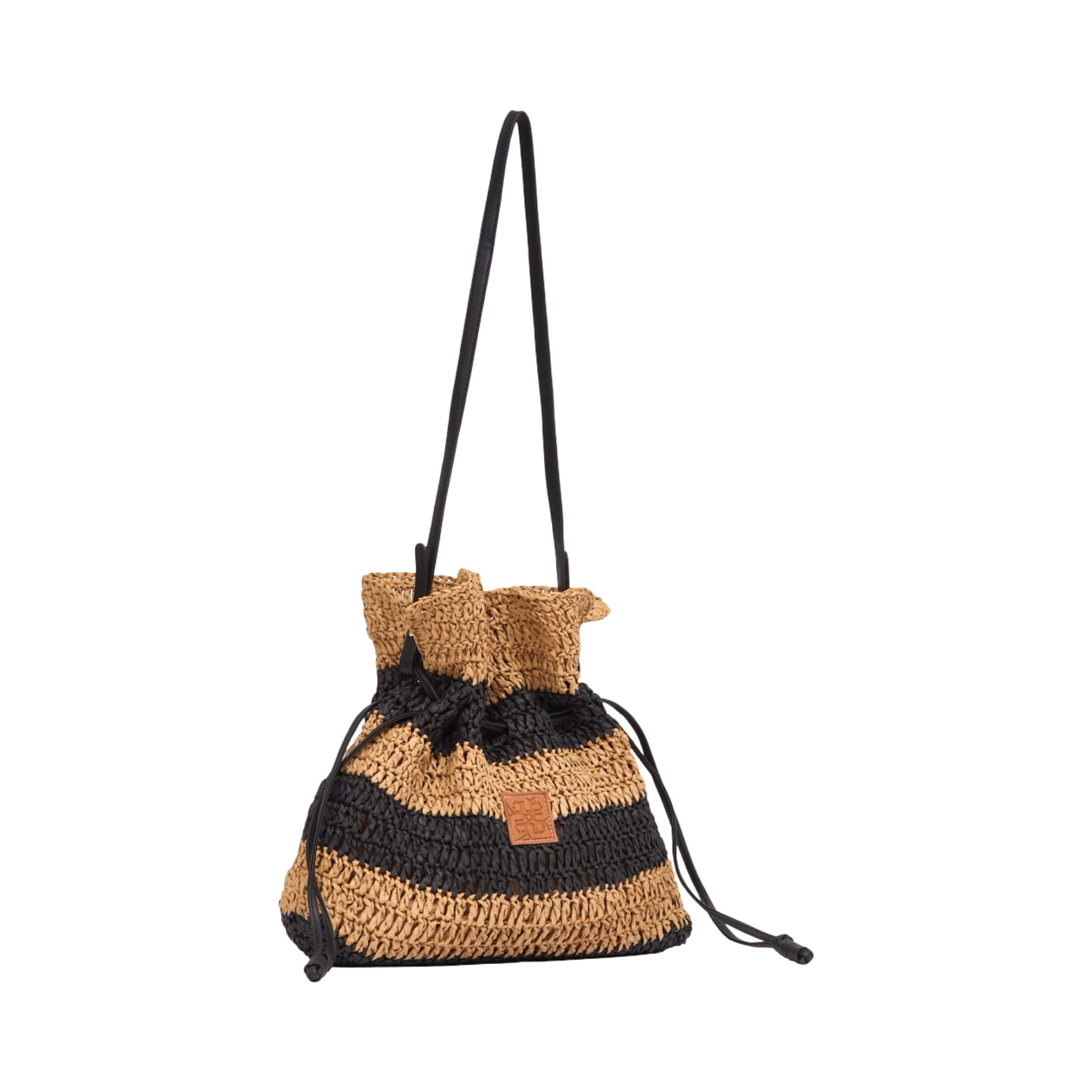 Everyday Earth – Drawstring Strips Straw Shoulder Bag – Brown
