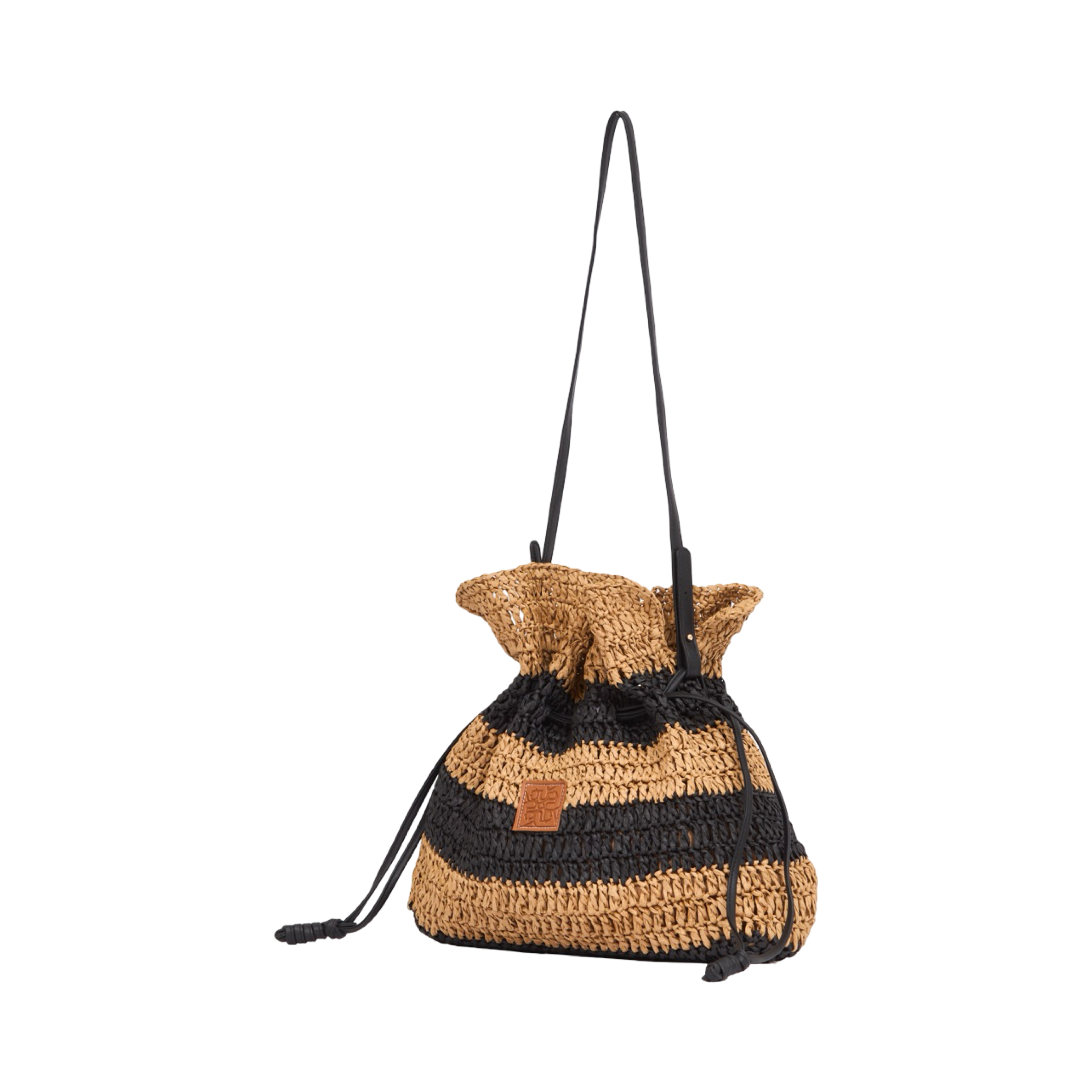 Everyday Earth – Drawstring Strips Straw Shoulder Bag – Brown