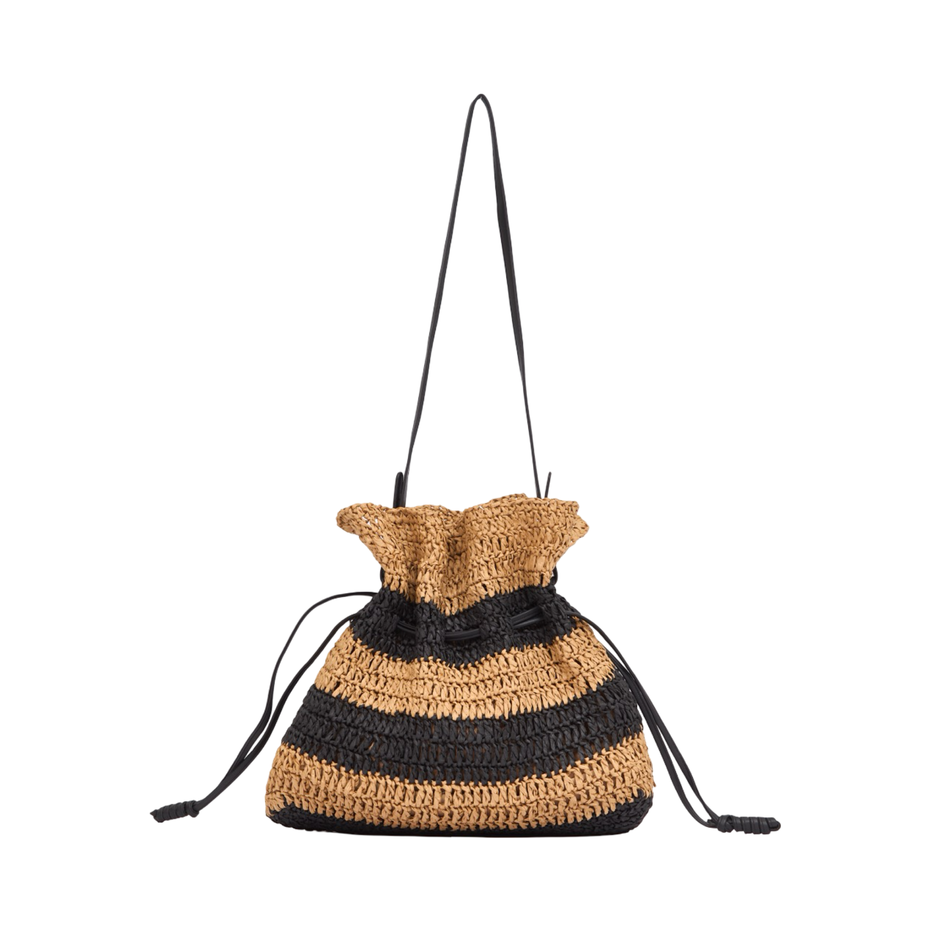 Everyday Earth – Drawstring Strips Straw Shoulder Bag – Brown