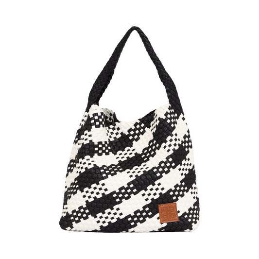 Woven Checkered Tote Bag L - Black