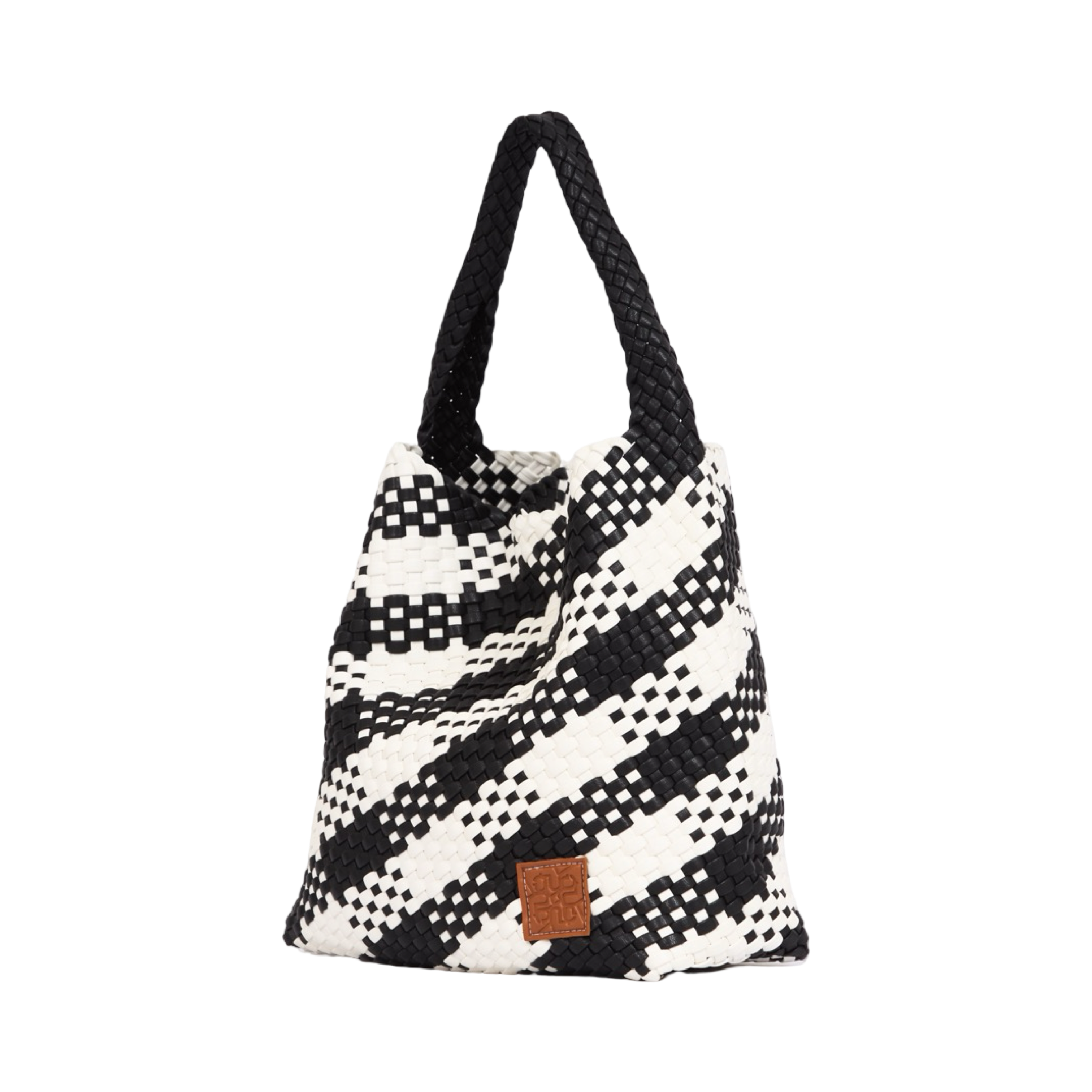 Woven Checkered Tote Bag L - Black
