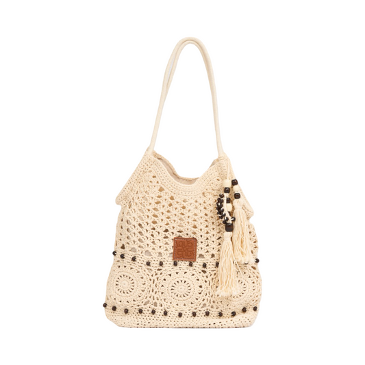Knitted Tote with Tassels - White