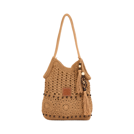 Knitted Tote with Tassels - Brown