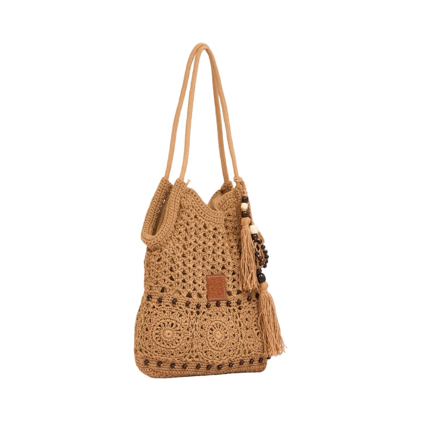 Knitted Tote with Tassels - Brown