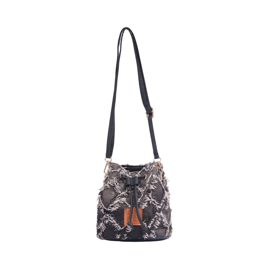Midnight Weave – Frayed Denim Bucket Bag – Black