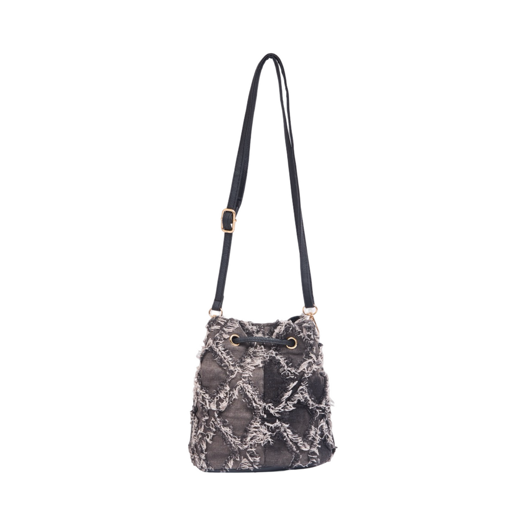Midnight Weave – Frayed Denim Bucket Bag – Black