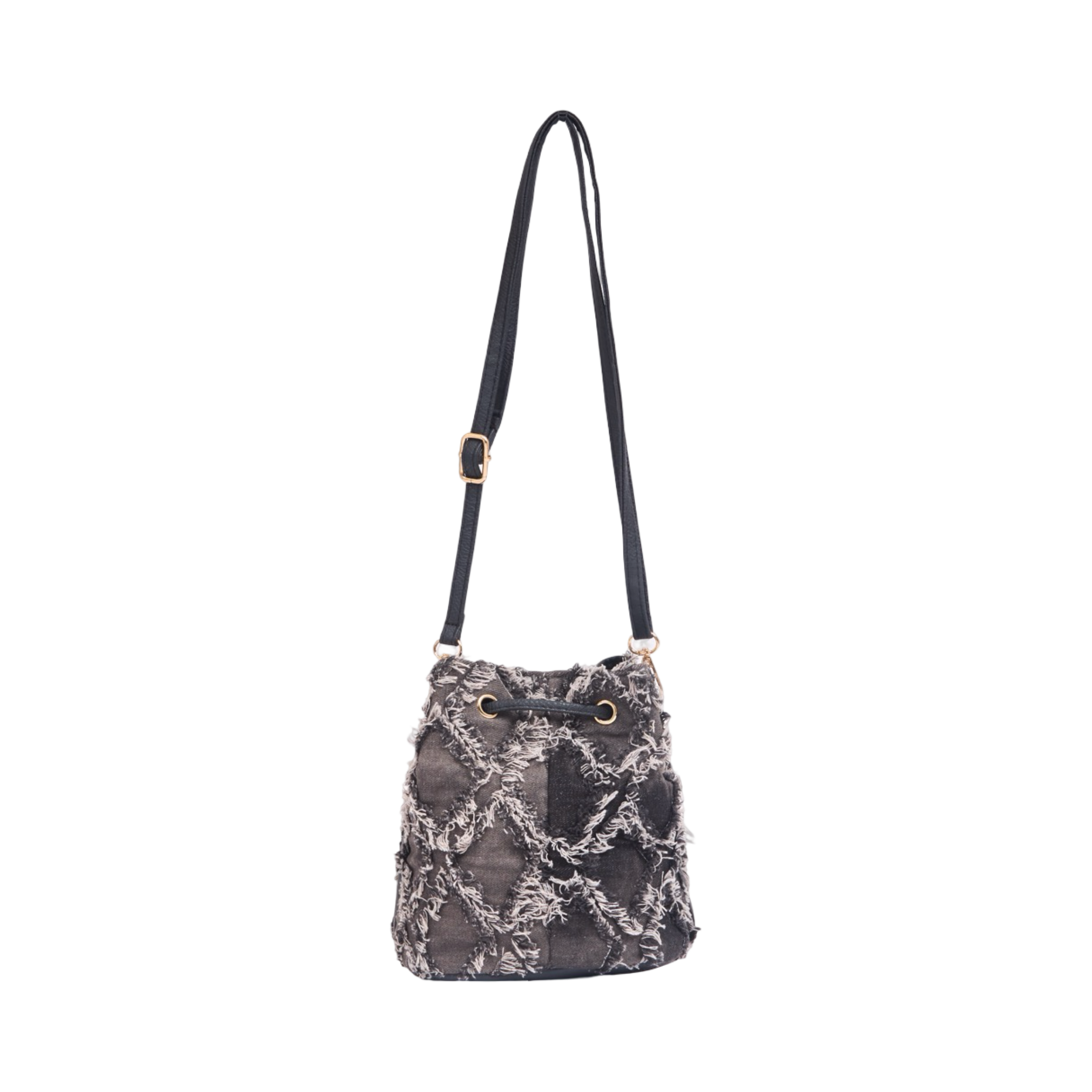 Midnight Weave – Frayed Denim Bucket Bag – Black