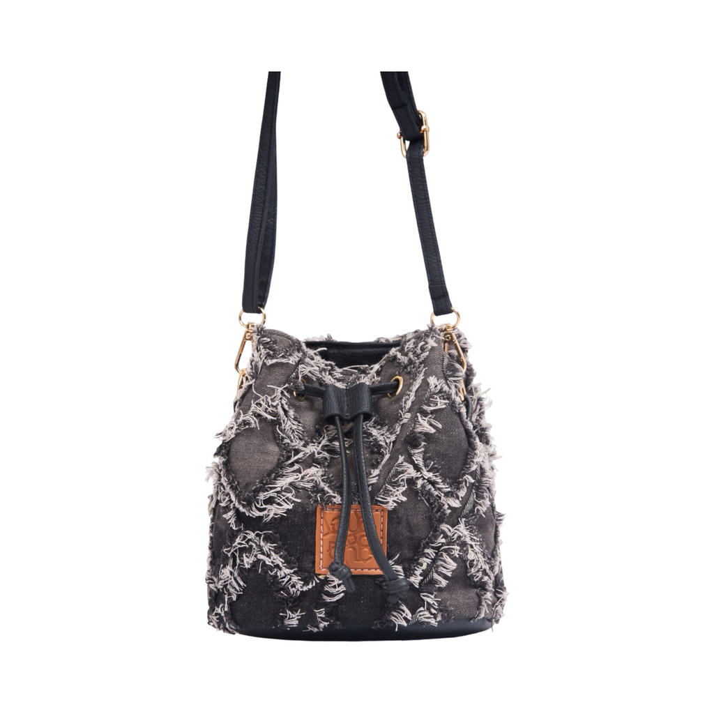 Midnight Weave – Frayed Denim Bucket Bag – Black