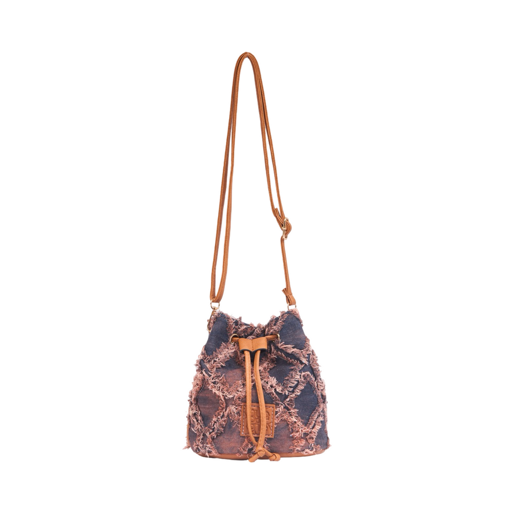 Midnight Weave – Frayed Denim Bucket Bag – Tan