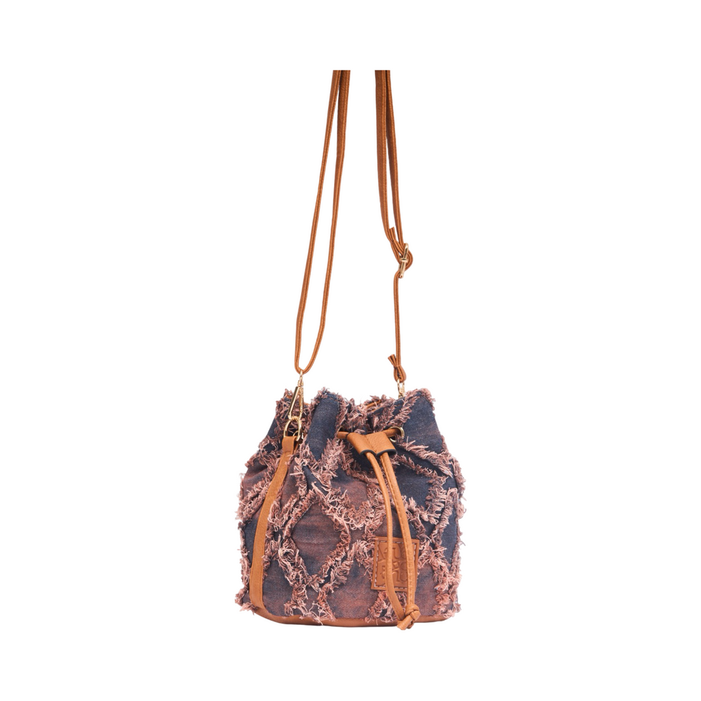 Midnight Weave – Frayed Denim Bucket Bag – Tan
