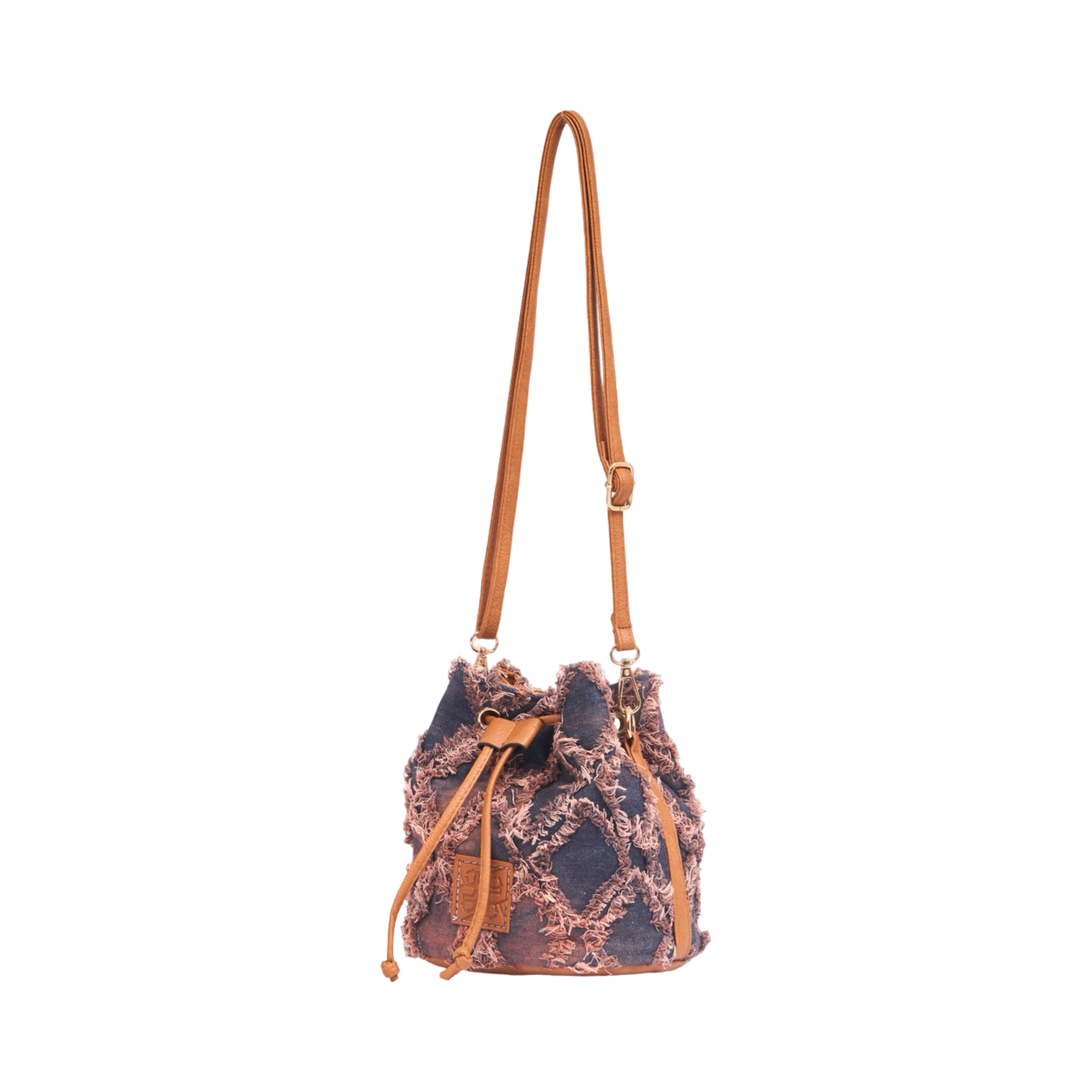 Midnight Weave – Frayed Denim Bucket Bag – Tan