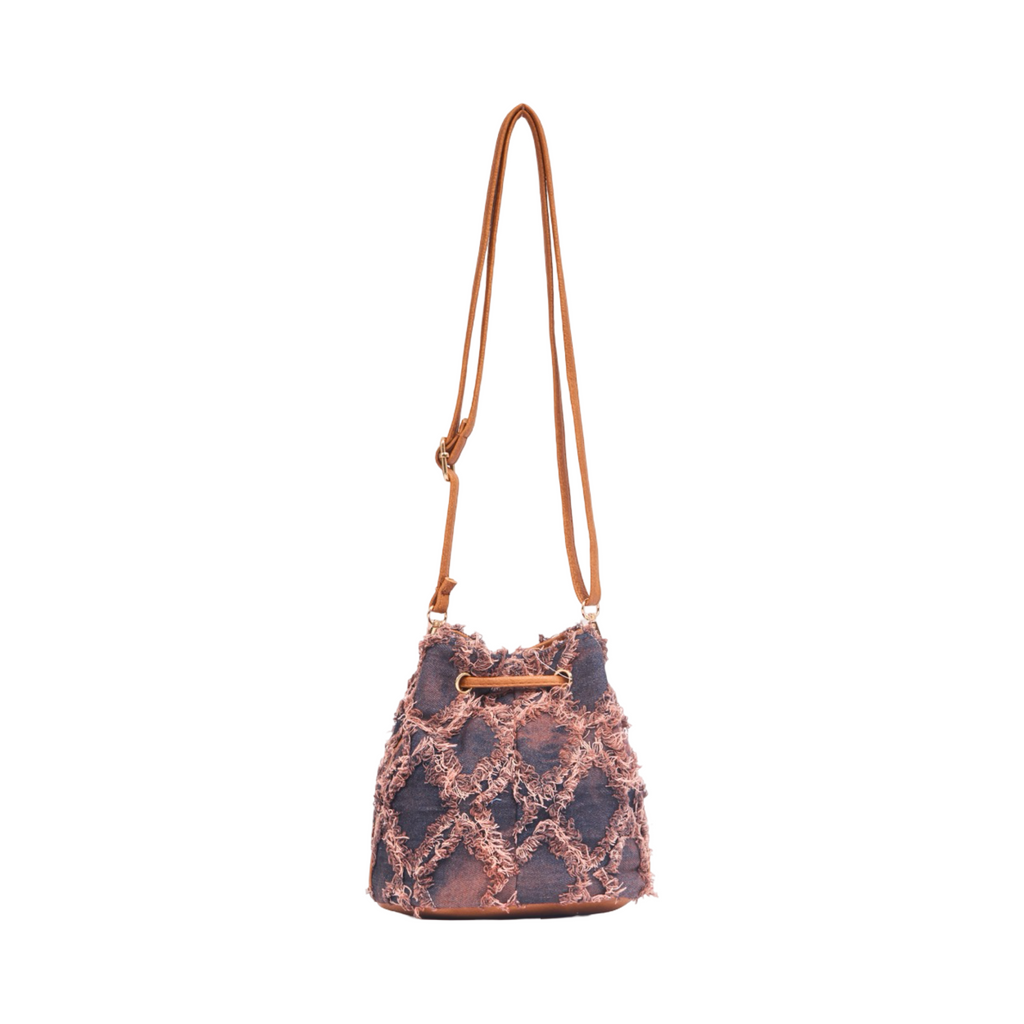 Midnight Weave – Frayed Denim Bucket Bag – Tan