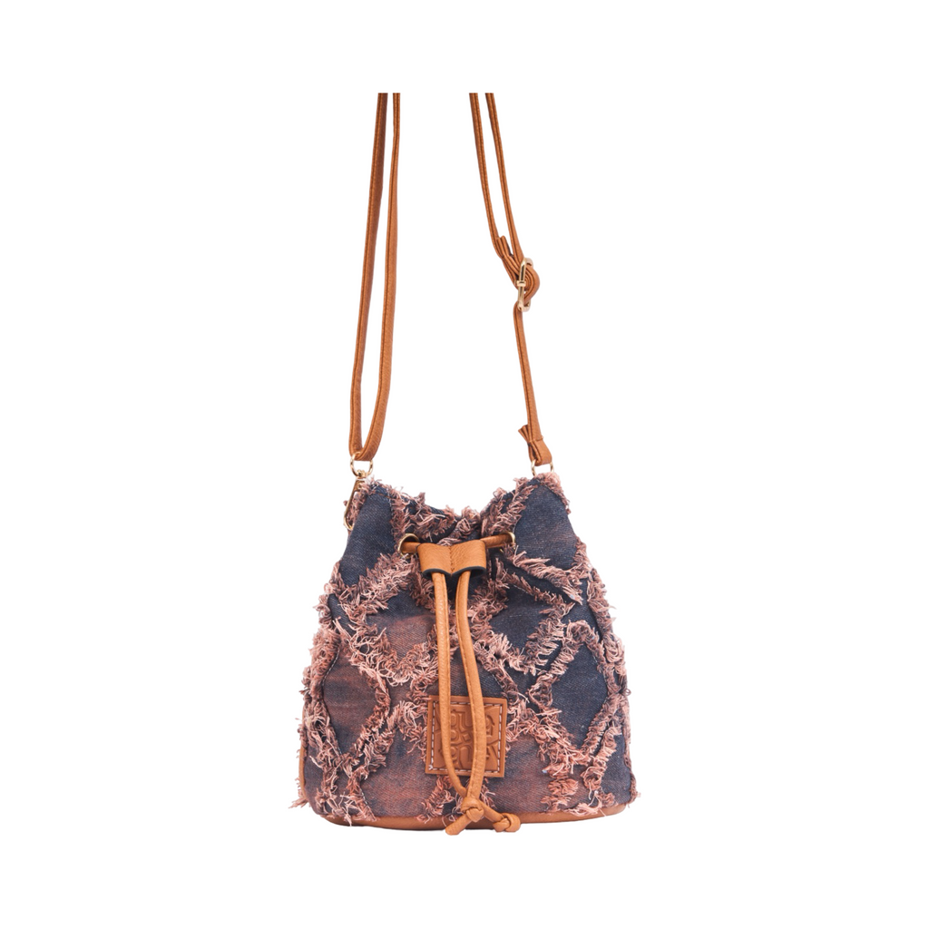 Midnight Weave – Frayed Denim Bucket Bag – Tan