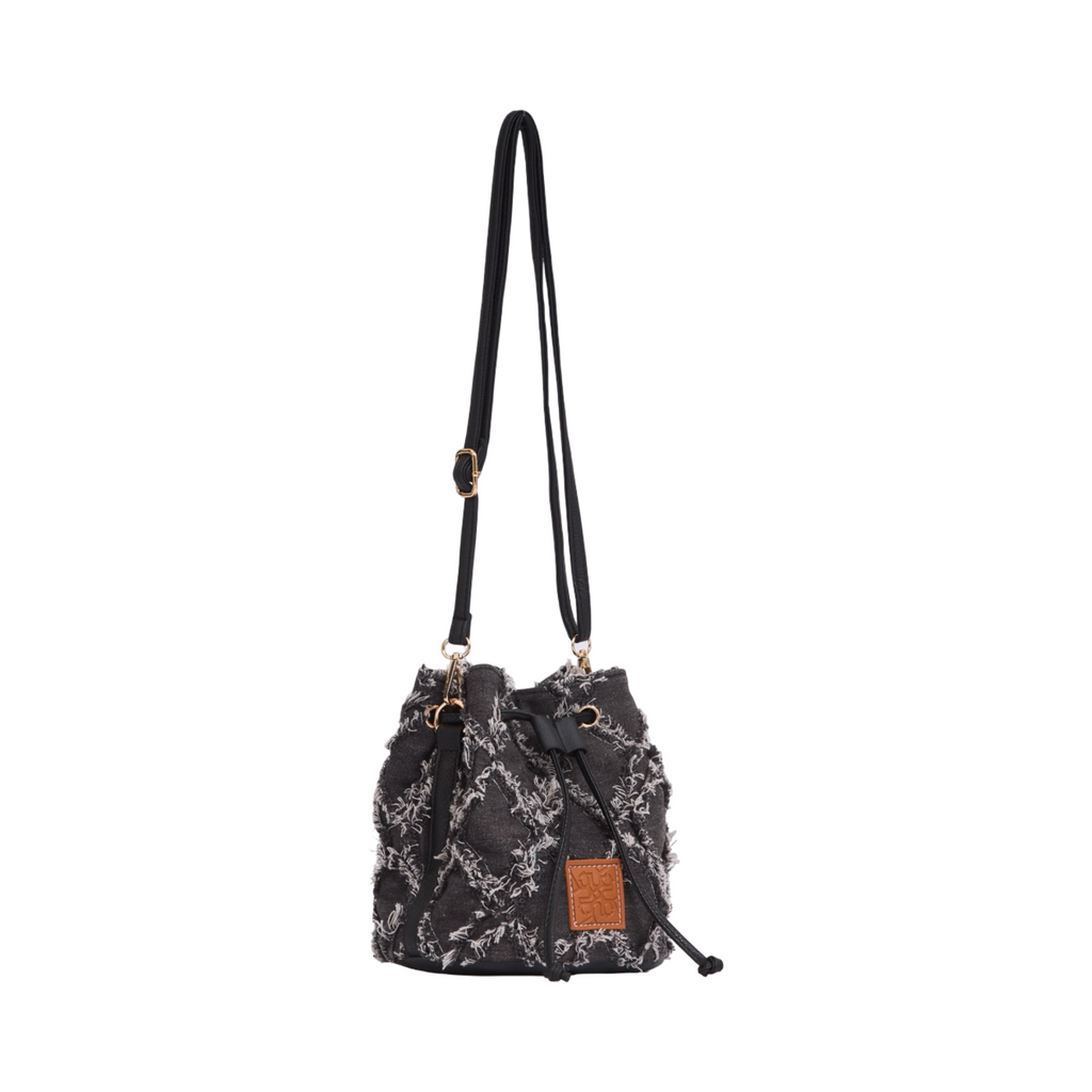 Midnight Weave – Frayed Denim Bucket Bag – Midnight Black
