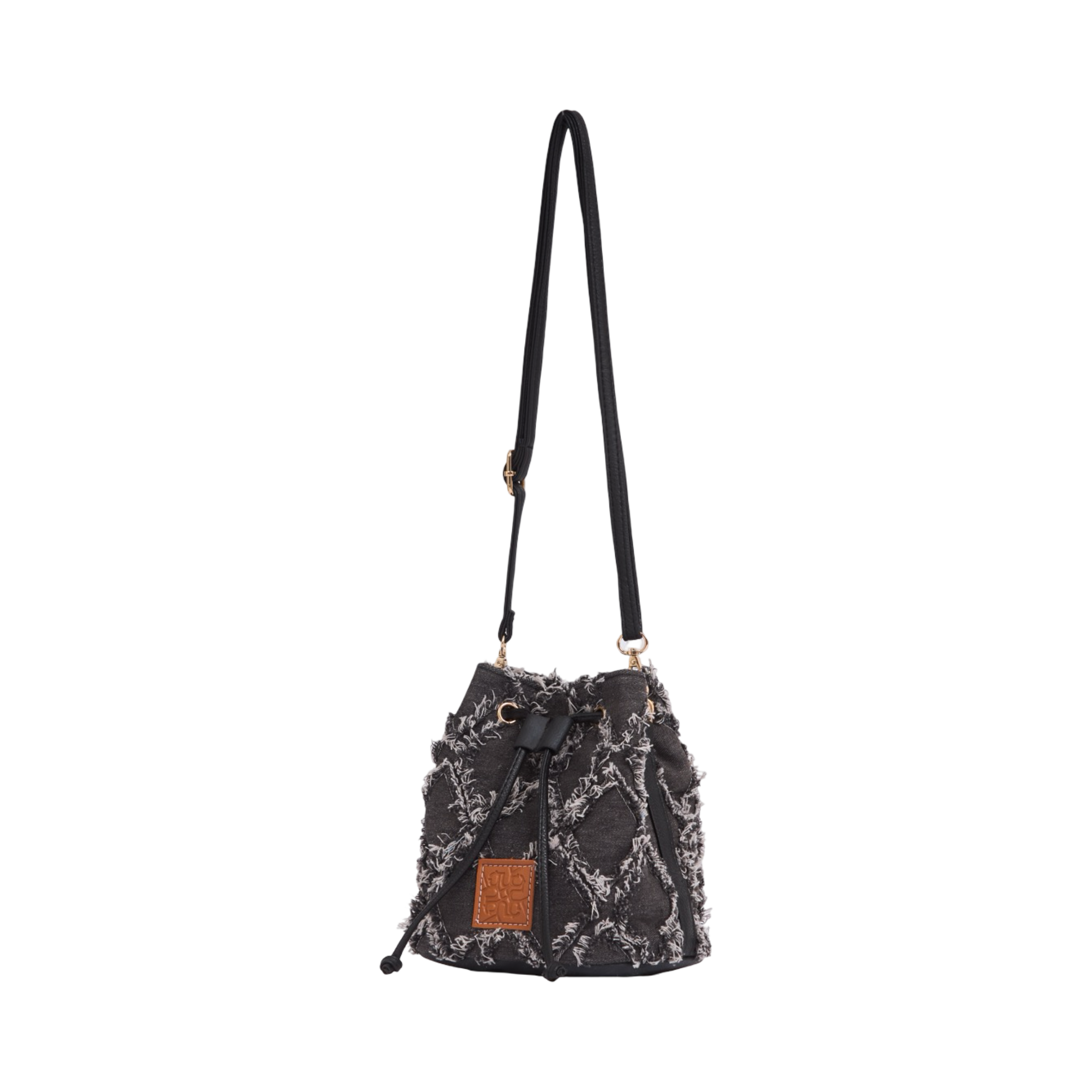 Midnight Weave – Frayed Denim Bucket Bag – Midnight Black