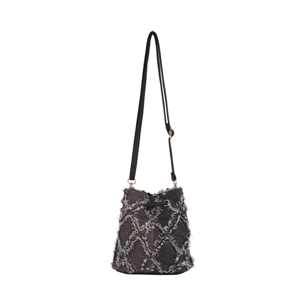 Midnight Weave – Frayed Denim Bucket Bag – Midnight Black