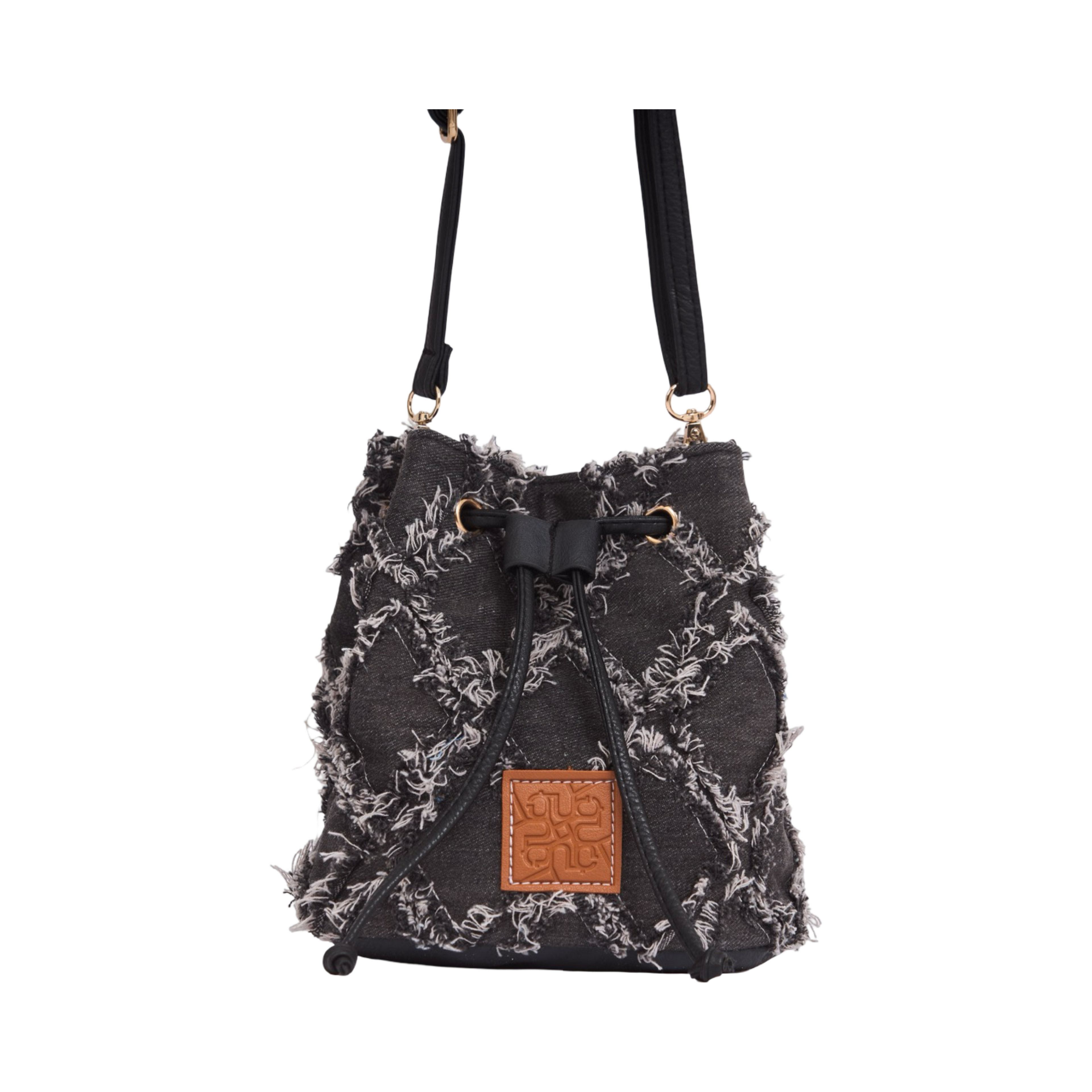 Midnight Weave – Frayed Denim Bucket Bag – Midnight Black