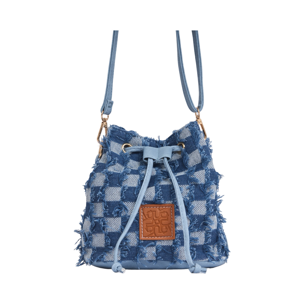 Midnight Weave – Frayed Denim Bucket Bag – Blue
