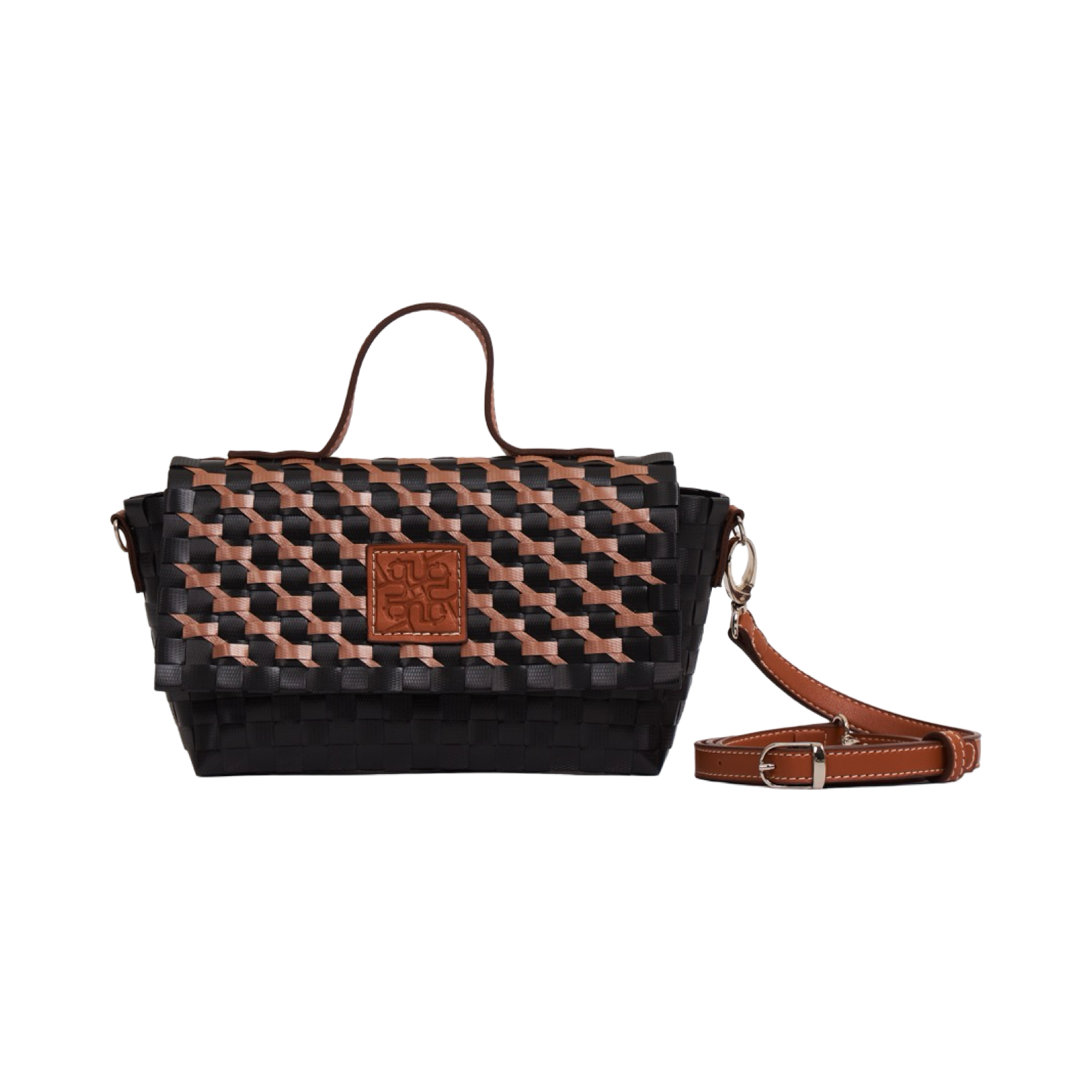 Thai Pattern Flap Basket Crossbody Bag - Black