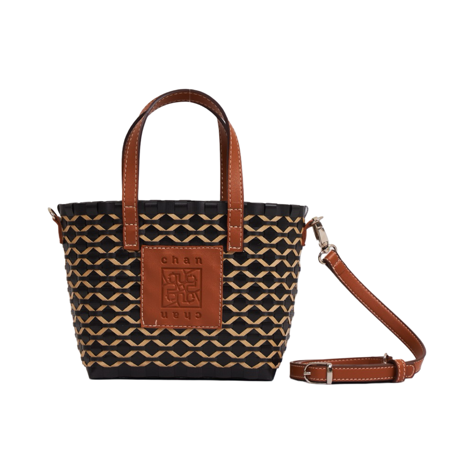 Thai Pattern Basket Bag With Strap S - Black Beige