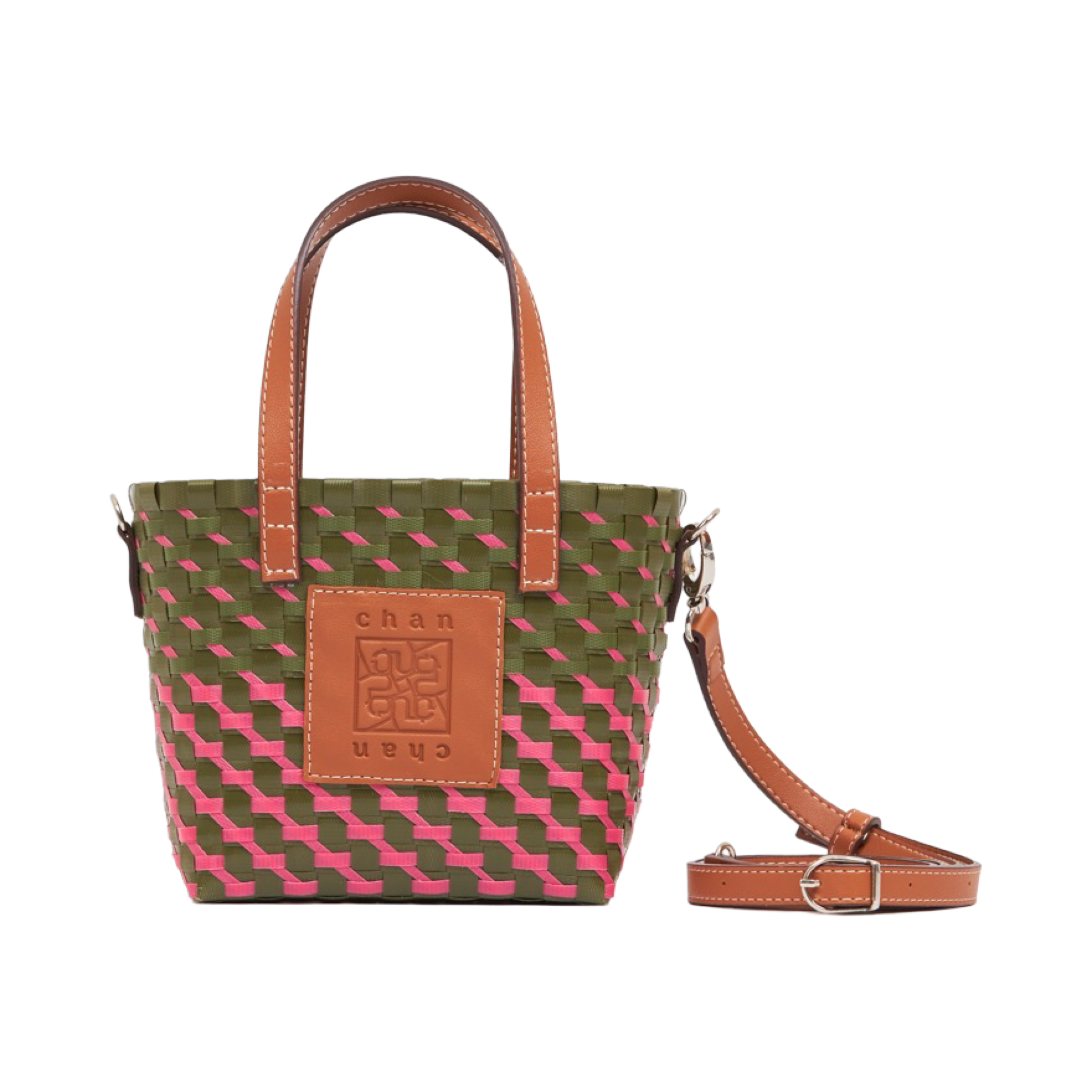 Thai Pattern Basket Bag With Strap S - Green Hot Pink