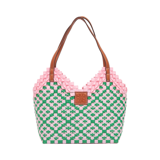 Thai Pattern Heart Basket Bag M - Pink Green