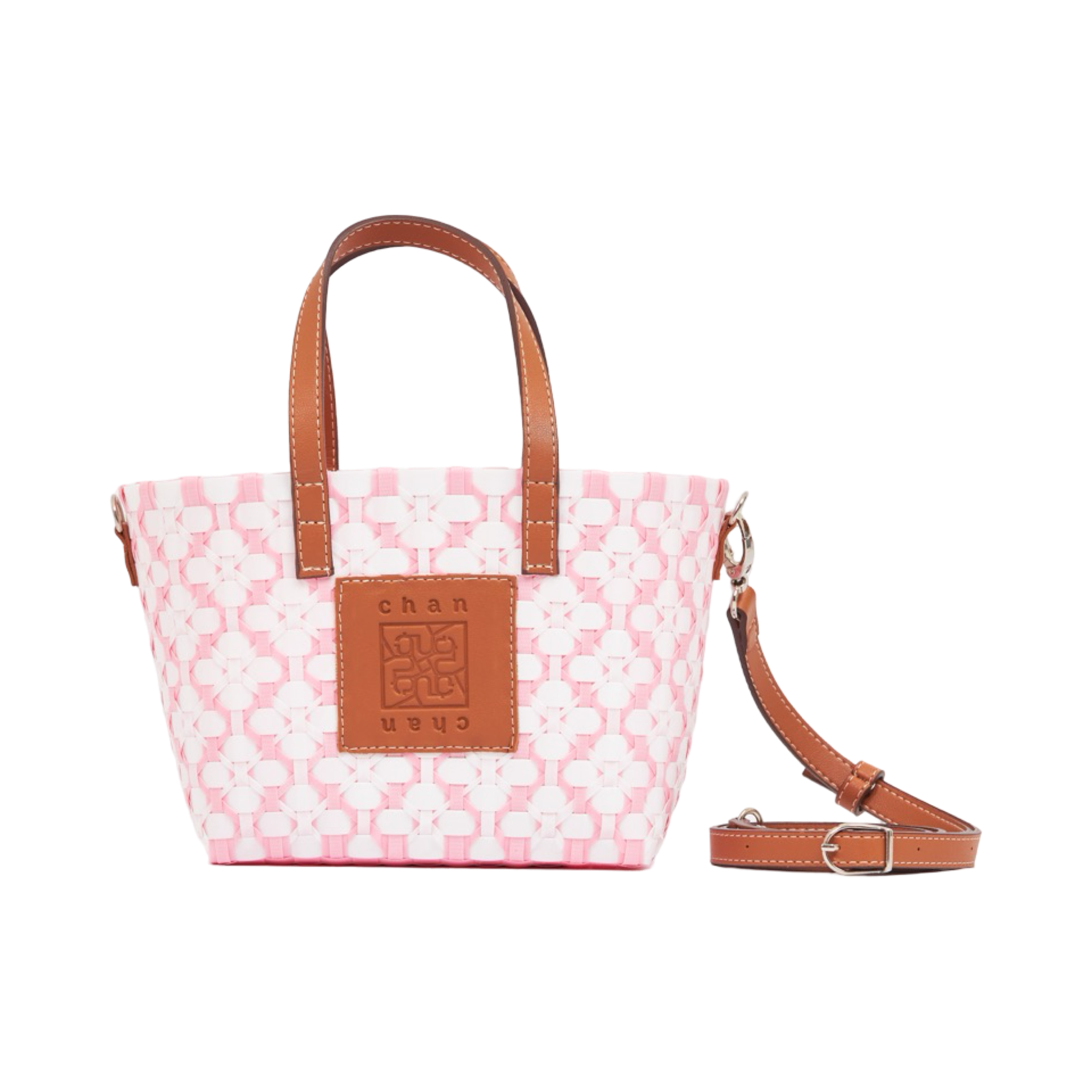 Thai Pattern Basket Bag With Strap - Baby Pink