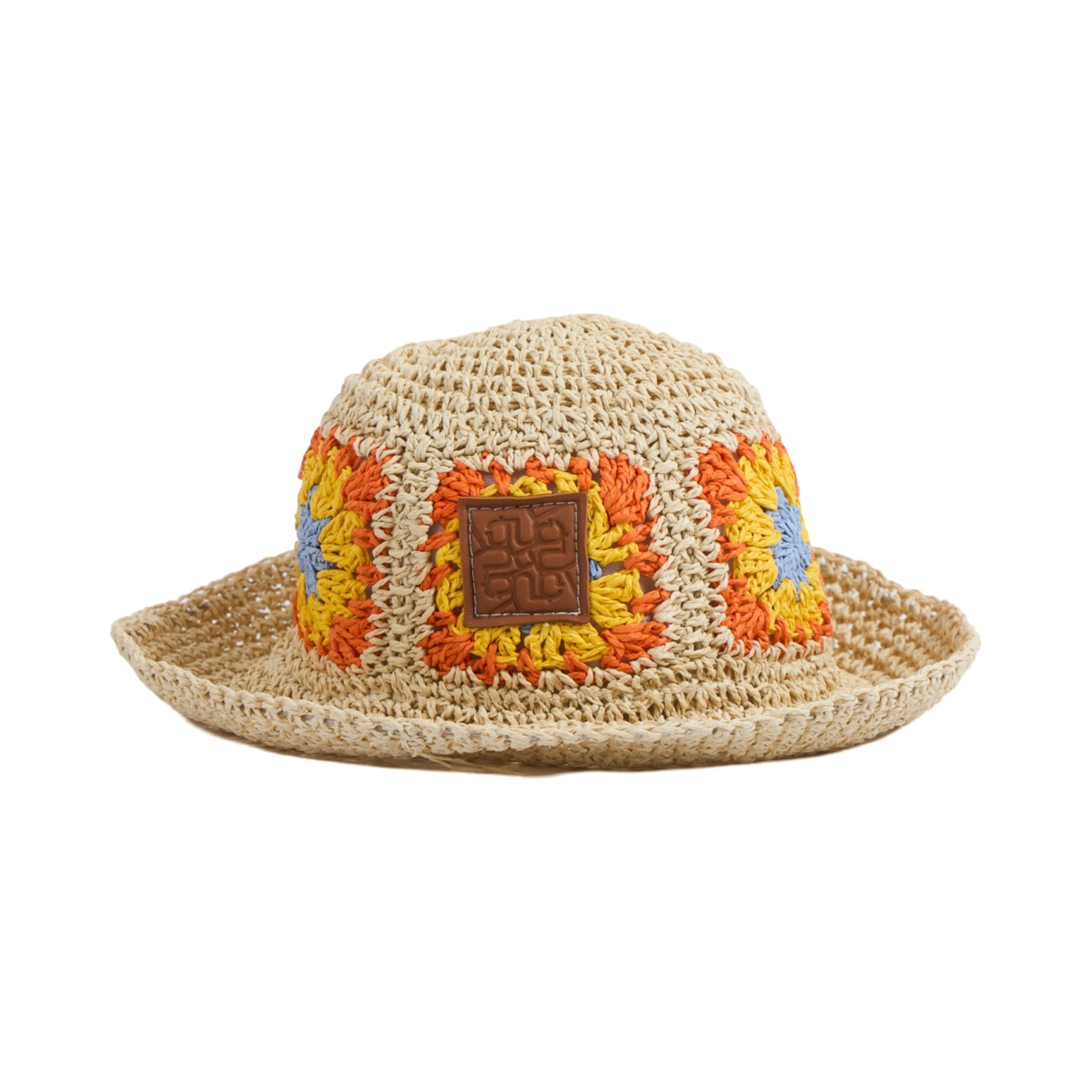 Straw Floral Bucket Hat - Beige Orange