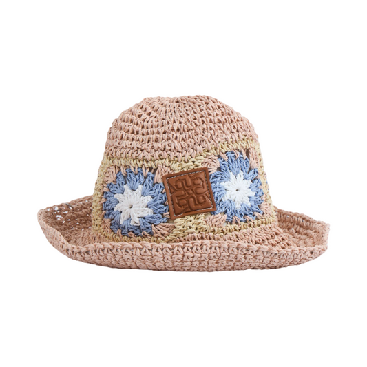 Straw Floral Bucket Hat - Pink Blue