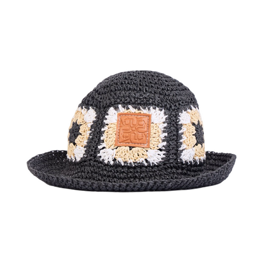 Straw Floral Bucket Hat - All Black