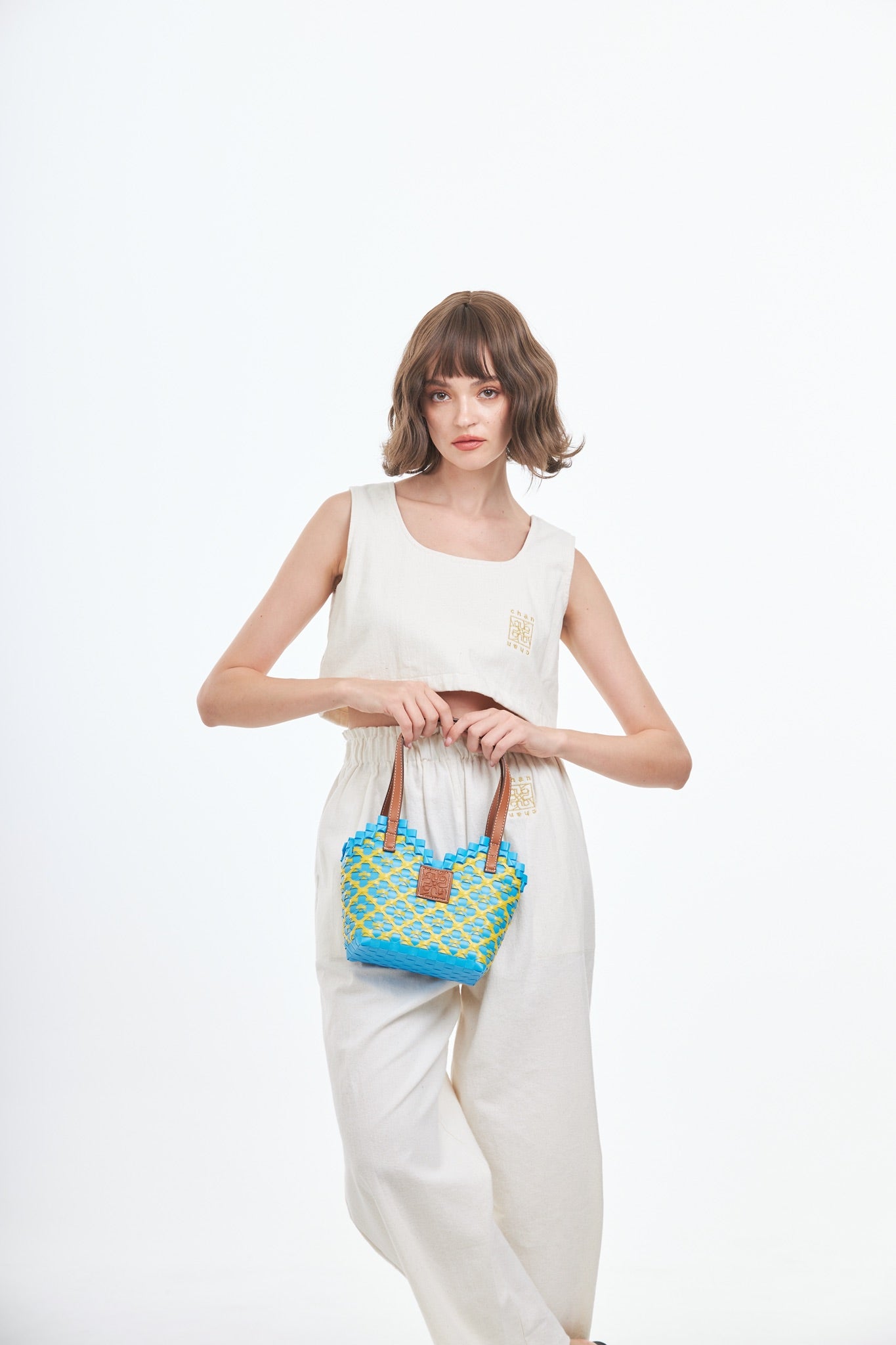 Thai Pattern Heart Basket Bag XS - Blue Yellow