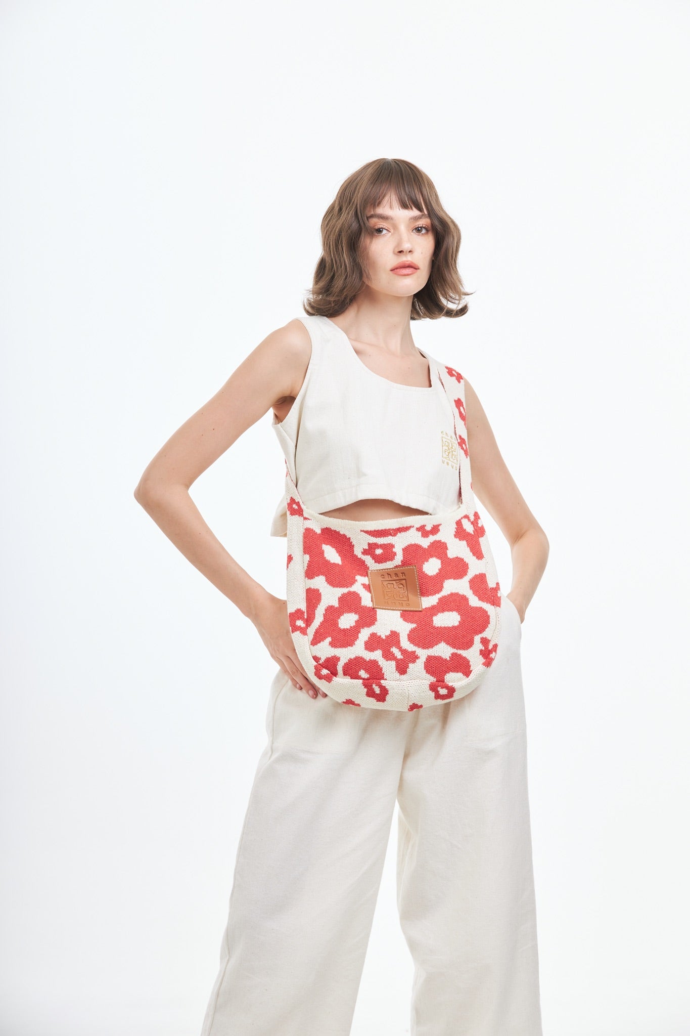 Floral Knitted Tote Bag - Red