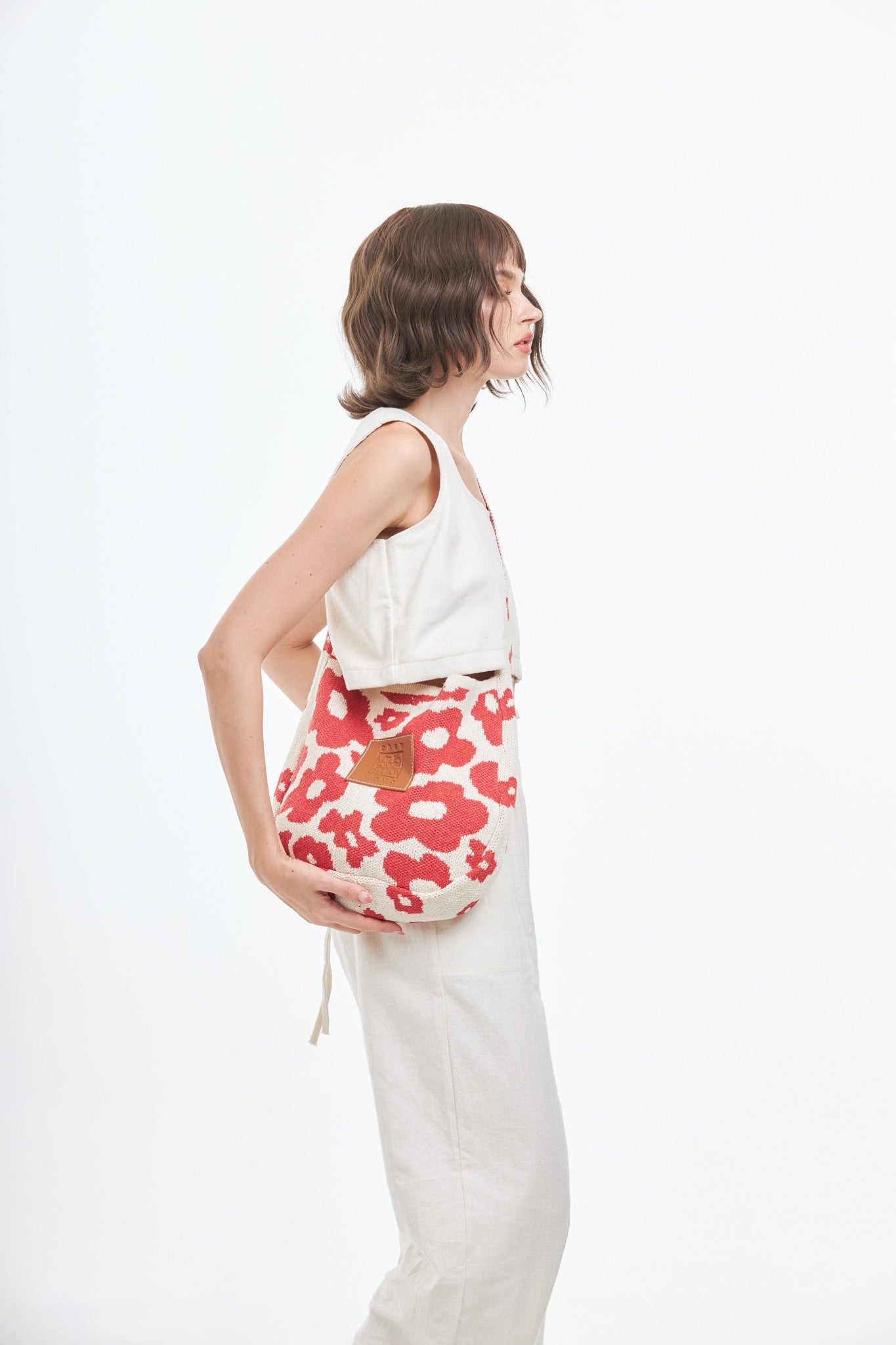 Floral Knitted Tote Bag - Red
