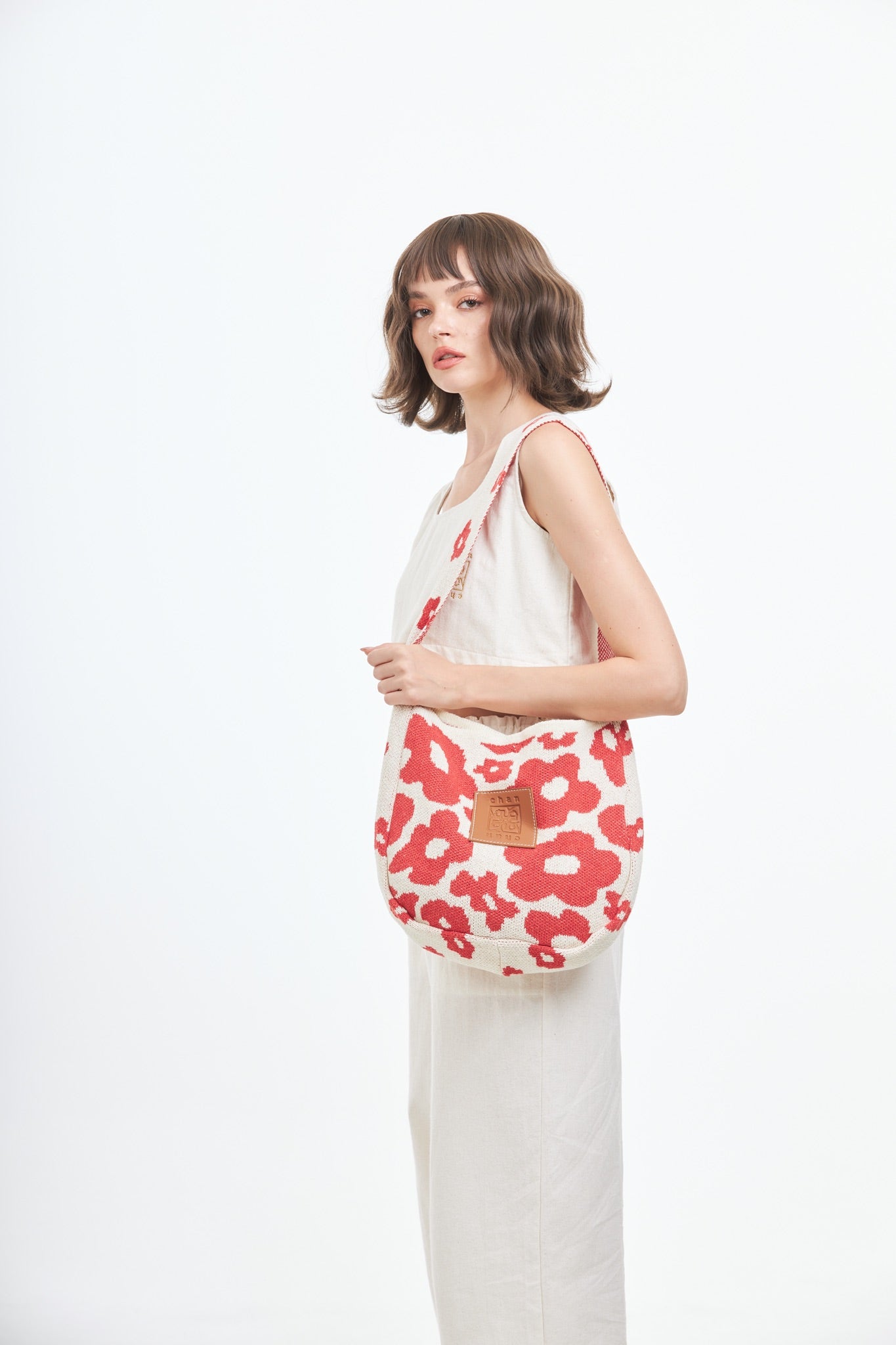 Floral Knitted Tote Bag - Red