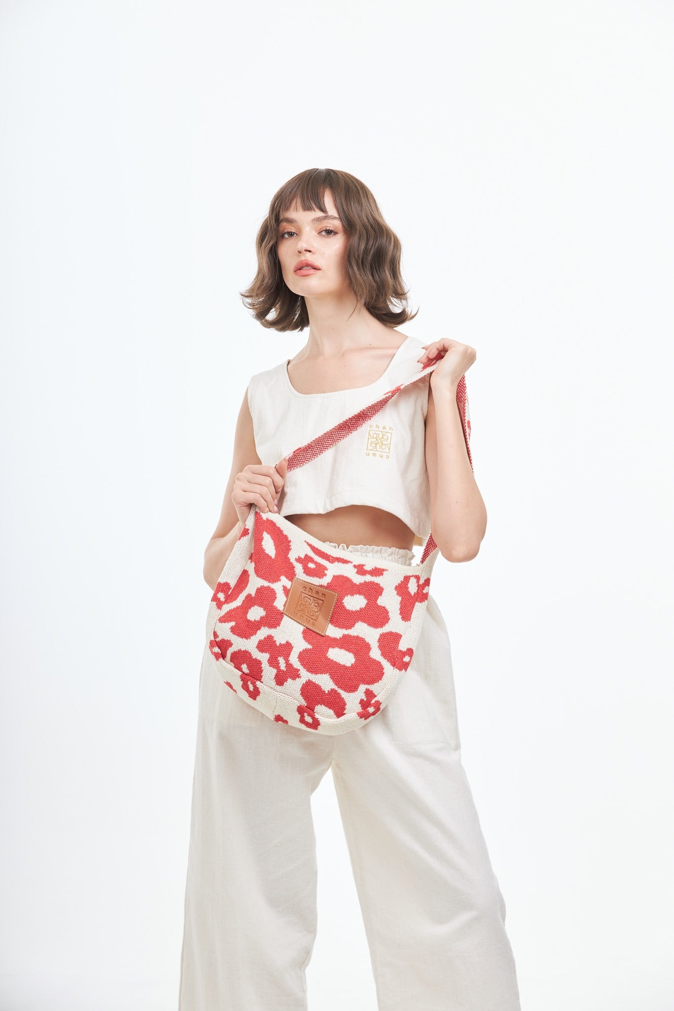 Floral Knitted Tote Bag - Red