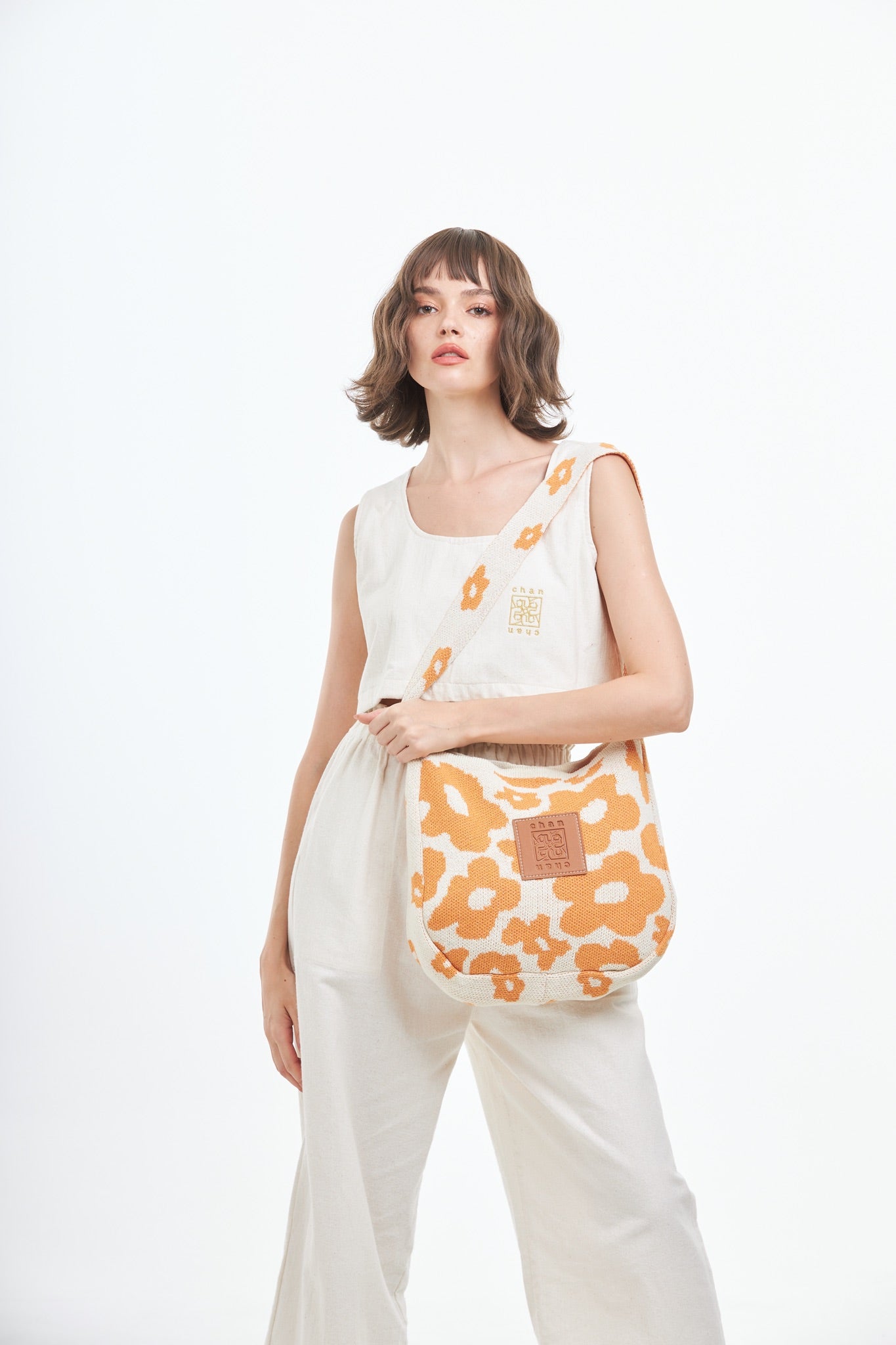 Floral Knitted Tote Bag - Orange