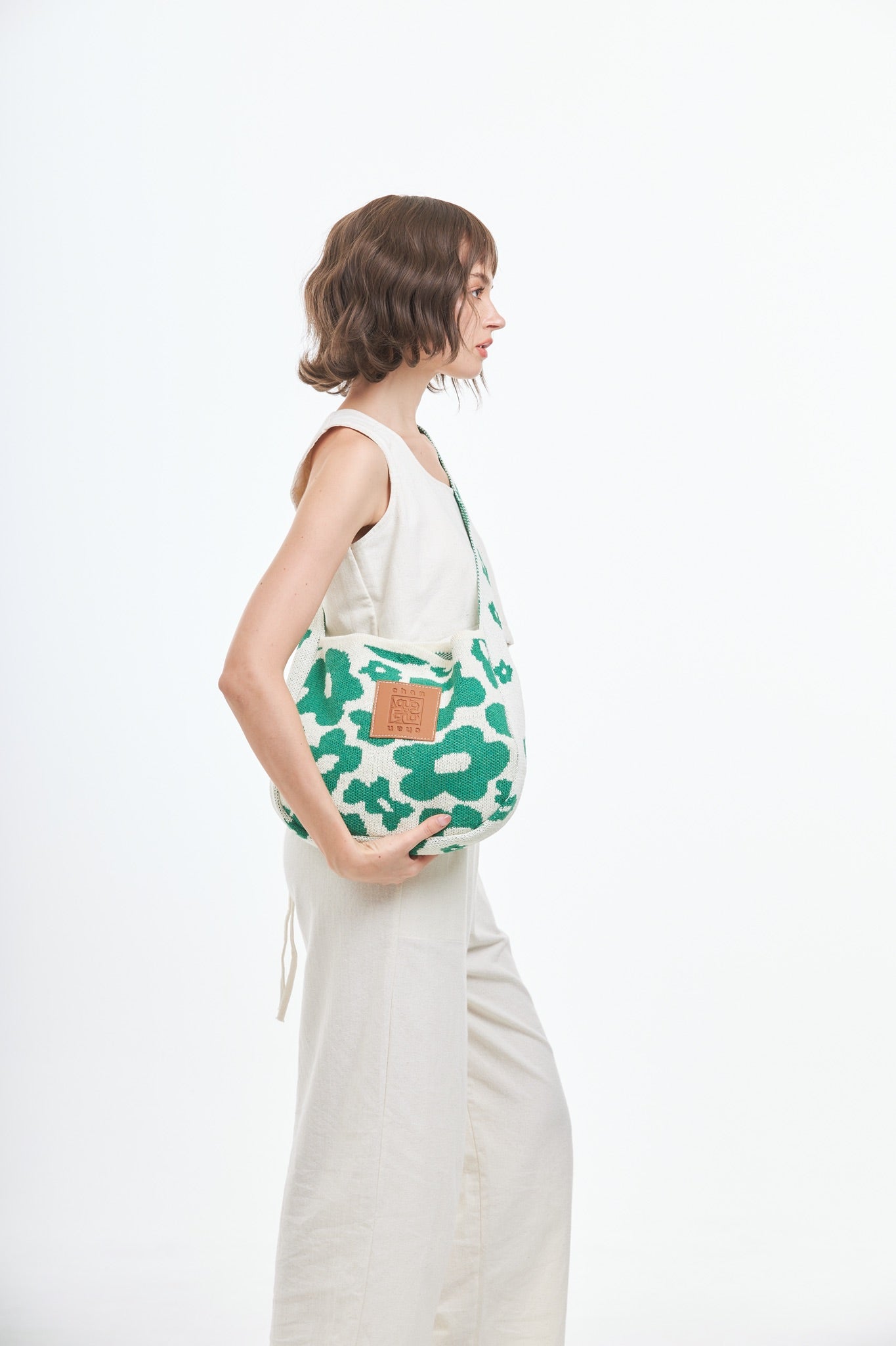 Floral Knitted Tote Bag - Green