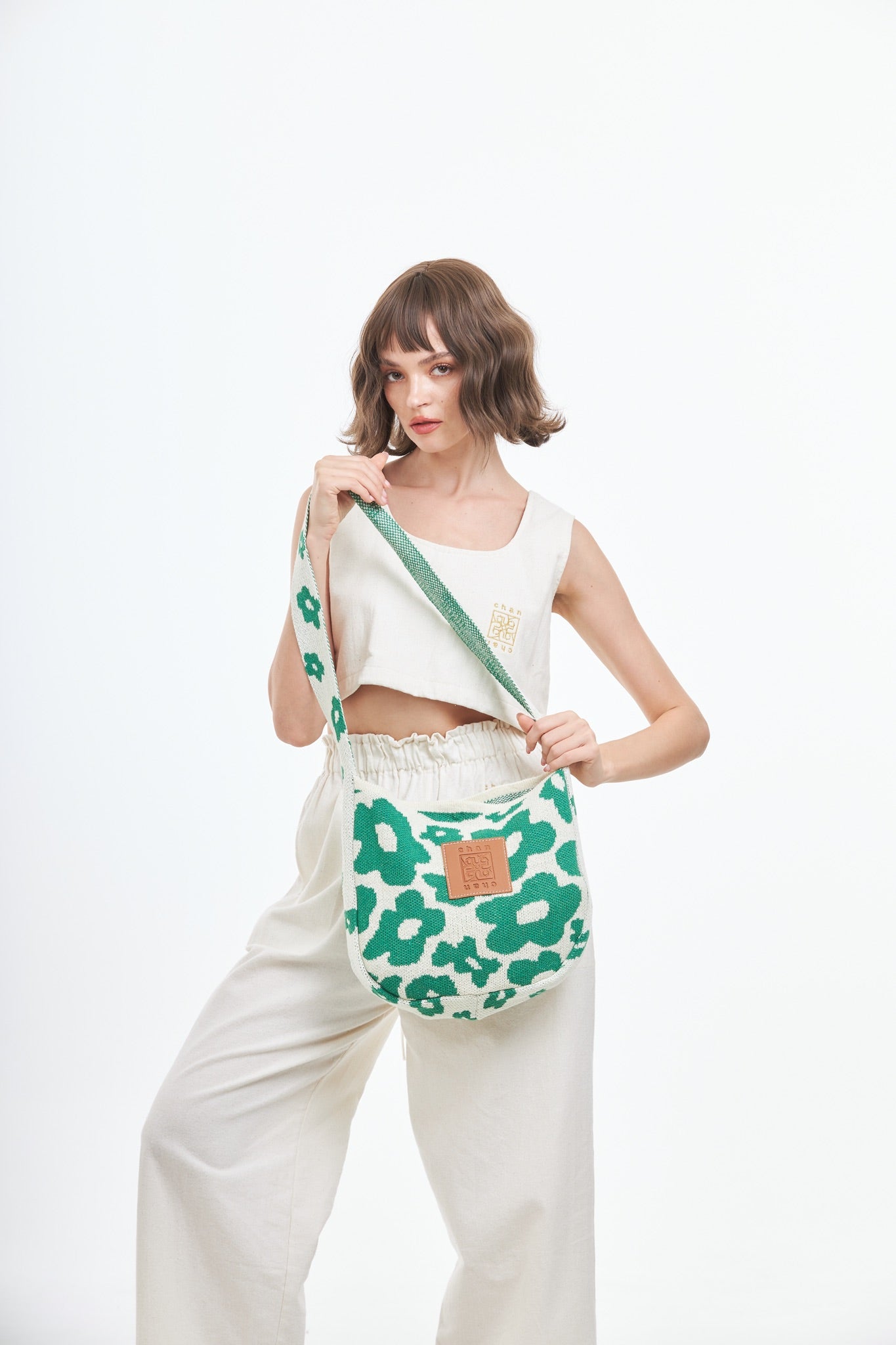 Floral Knitted Tote Bag - Green