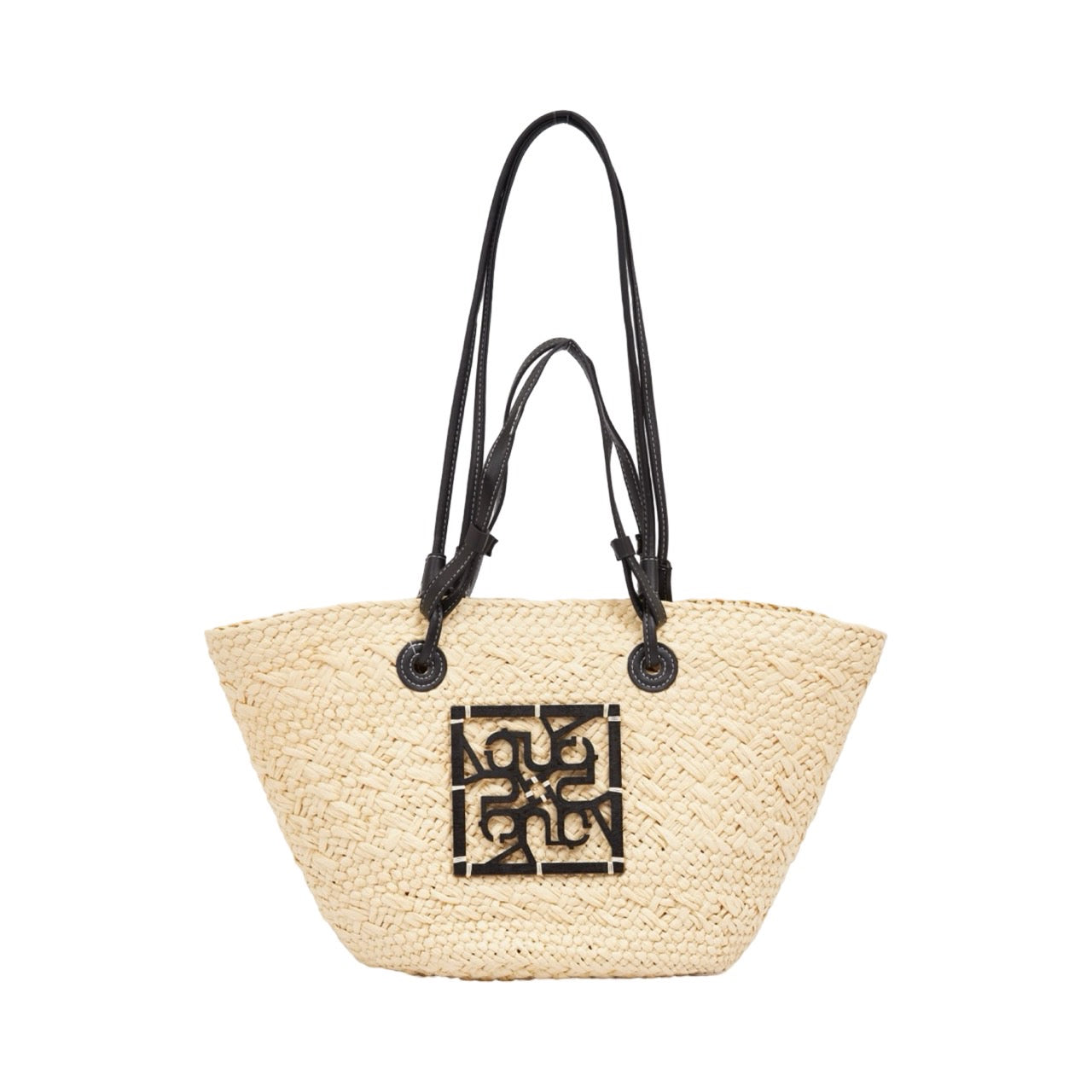 Straw Tote Bag - Beige Black