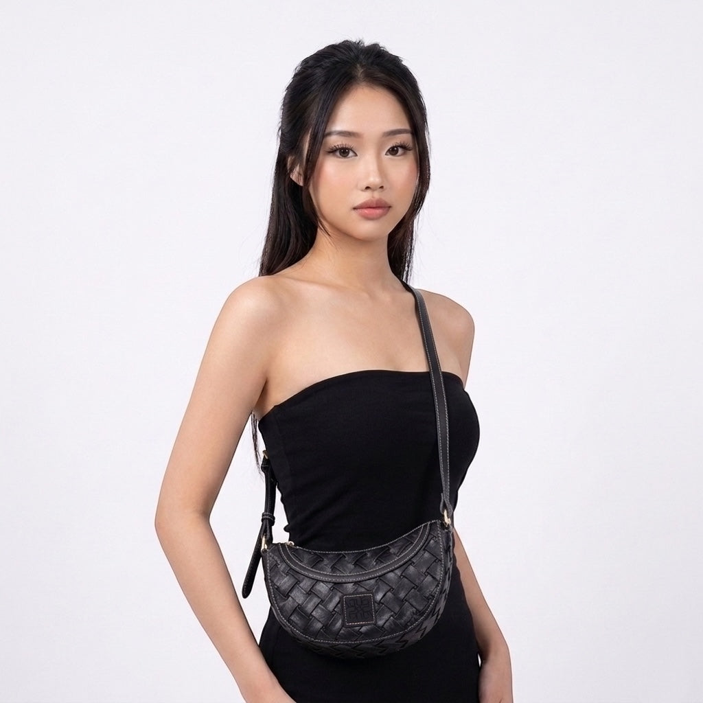 Urban Weave Collection – Half Moon Crossbody Bag – Black