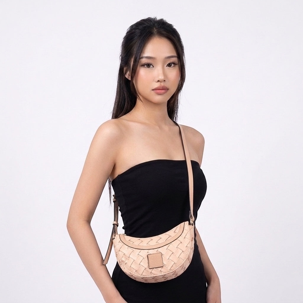 Urban Weave Collection – Half Moon Crossbody Bag – Beige